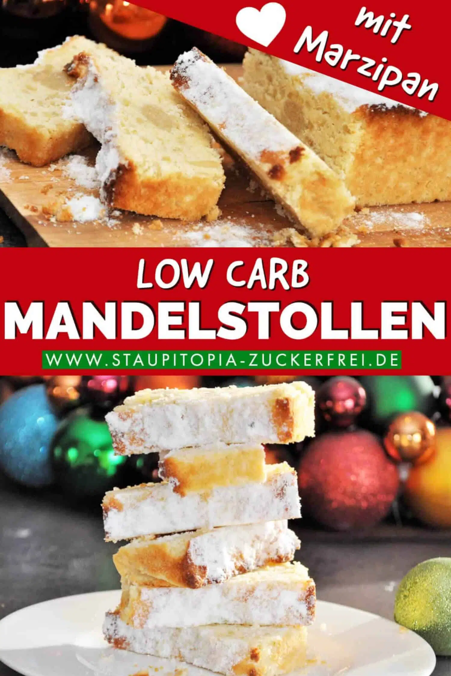 Low Carb Backen zu Weihnachten: Dieser Low Carb Mandelstollen mit Marzipan wird dich begeistern. Er ist schnell zubereitet, glutenfrei und kommt natürlich ohne Zucker aus!