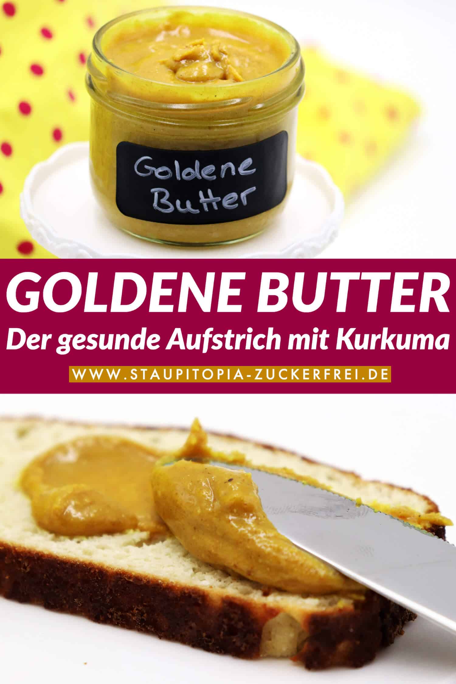 Goldene Butter - Ein gesunder Brotaufstrich als Pendant zur goldenen Milch: Die wundervollen Zutaten der goldenen Milch lassen sich wunderbar in einen köstlichen, zuckerfreien Brotaufstrich aus Mandeln und Kurkuma verwandeln. Ein Rezept für ein Frühstück ohne Zucker, dass du unbedingt ausprobieren musst!
