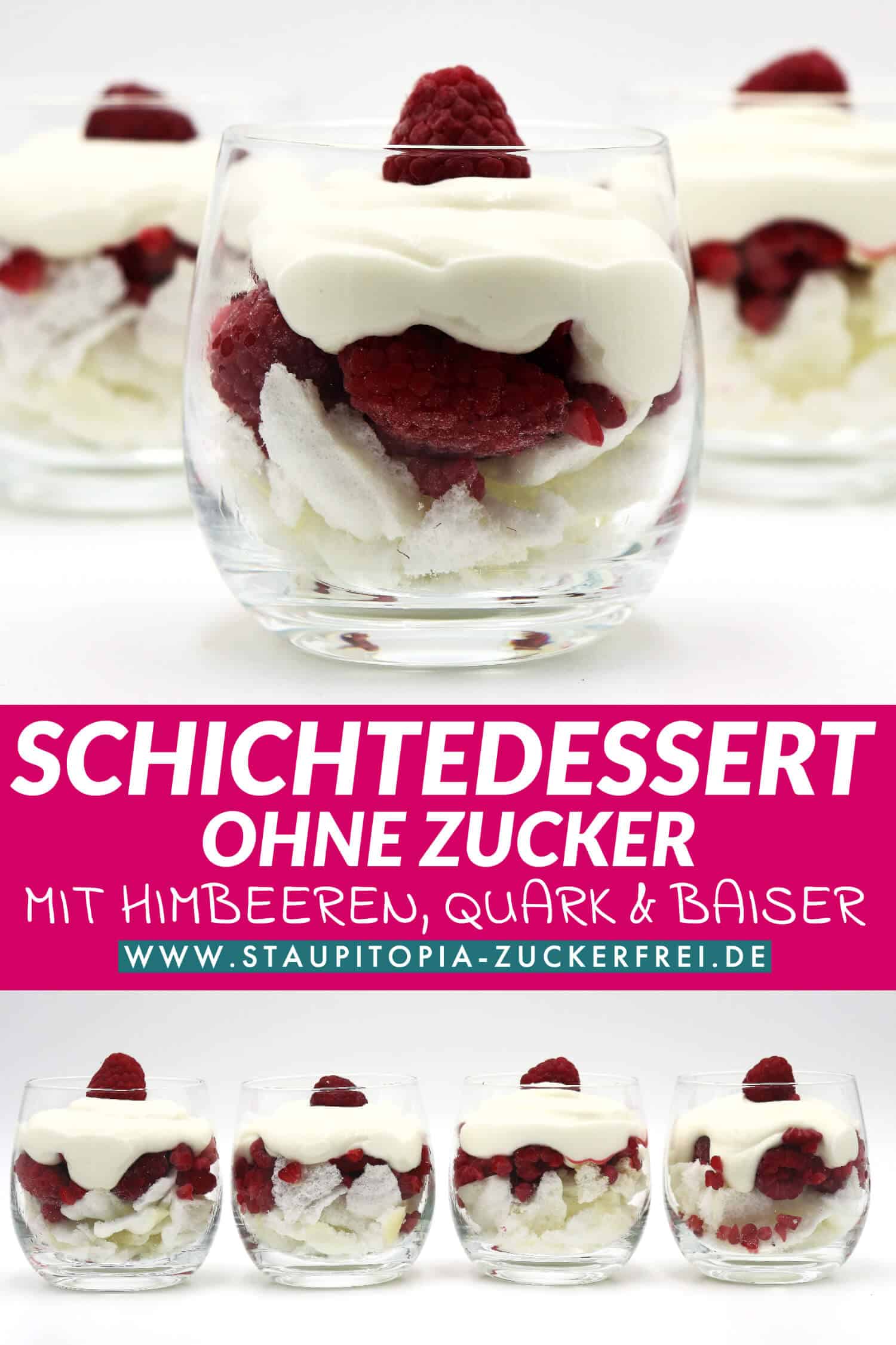 Low Carb Dessert mit Quark, Himbeeren und Baiser ohne Zucker.