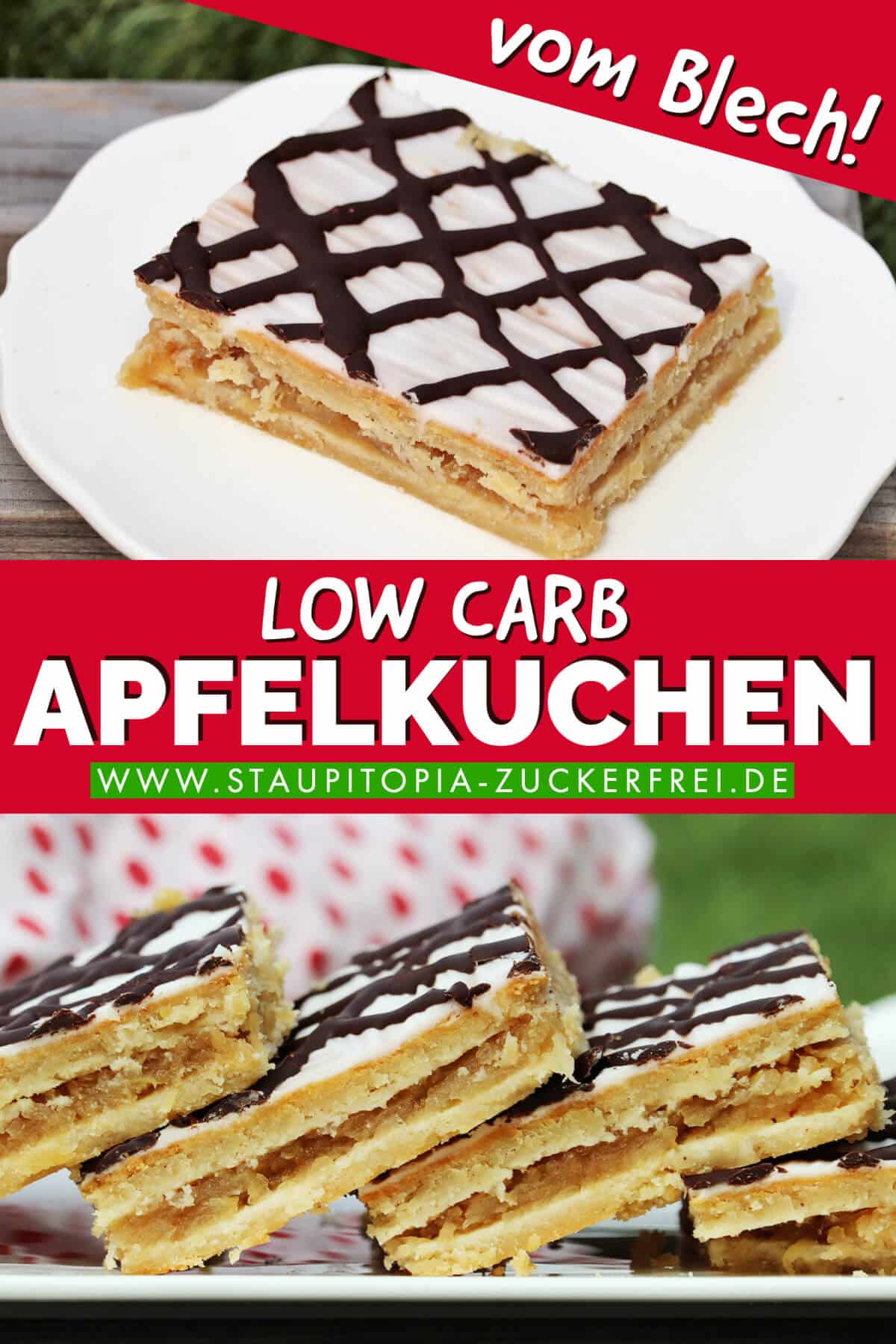 Low Carb Apfelkuchen mit Mandelmehl ohne Zucker aus Low Carb Mürbeteig auf dem Blech gebacken.