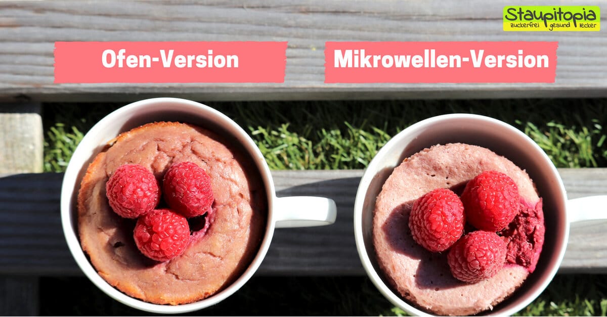 Rezept für einen Low Carb Tassenkuchen mit Himbeeren für Mikrowelle und Backofen